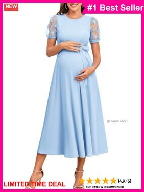 3D Floral Mesh Sleeve Maternity Midi Dress A-Line Belted Baby Shower